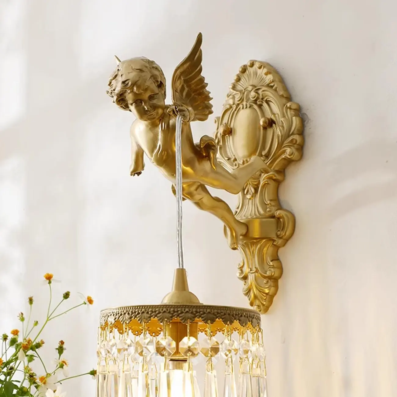 Artistic Vintage Gold Angel Wall Sconce with Crystal Shade | homeyfad