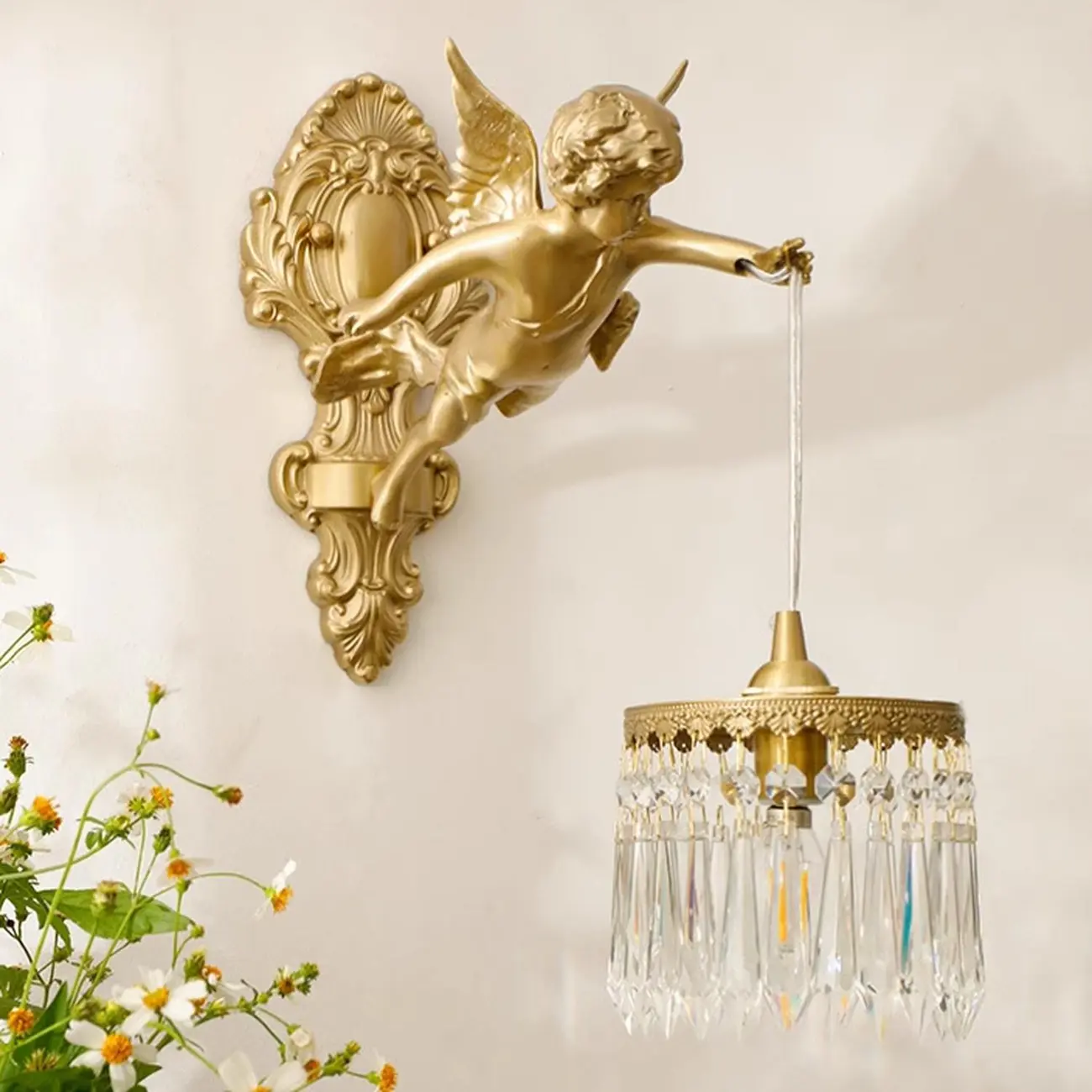 Artistic Vintage Gold Angel Wall Sconce with Crystal Shade | homeyfad
