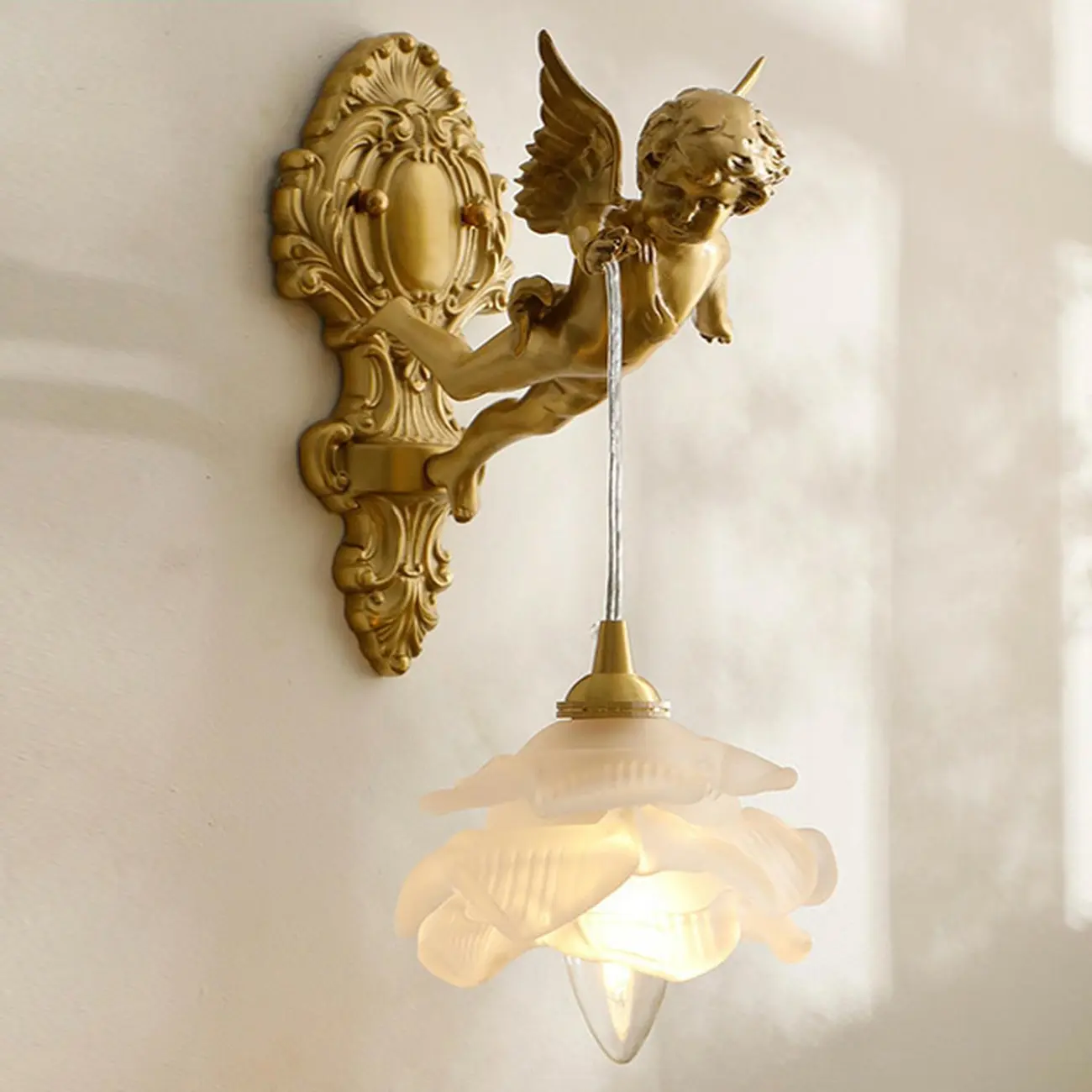 Artistic Vintage Gold Angel Wall Sconce with Crystal Shade | homeyfad
