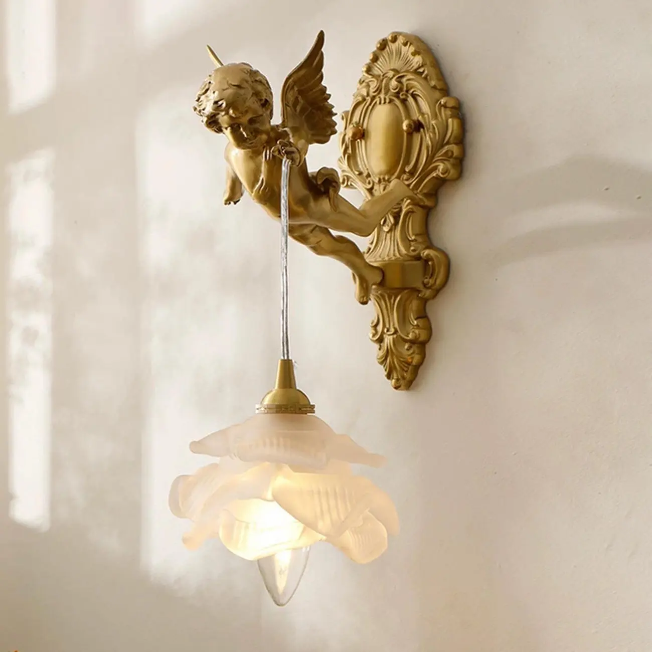 Artistic Vintage Gold Angel Wall Sconce with Crystal Shade | homeyfad