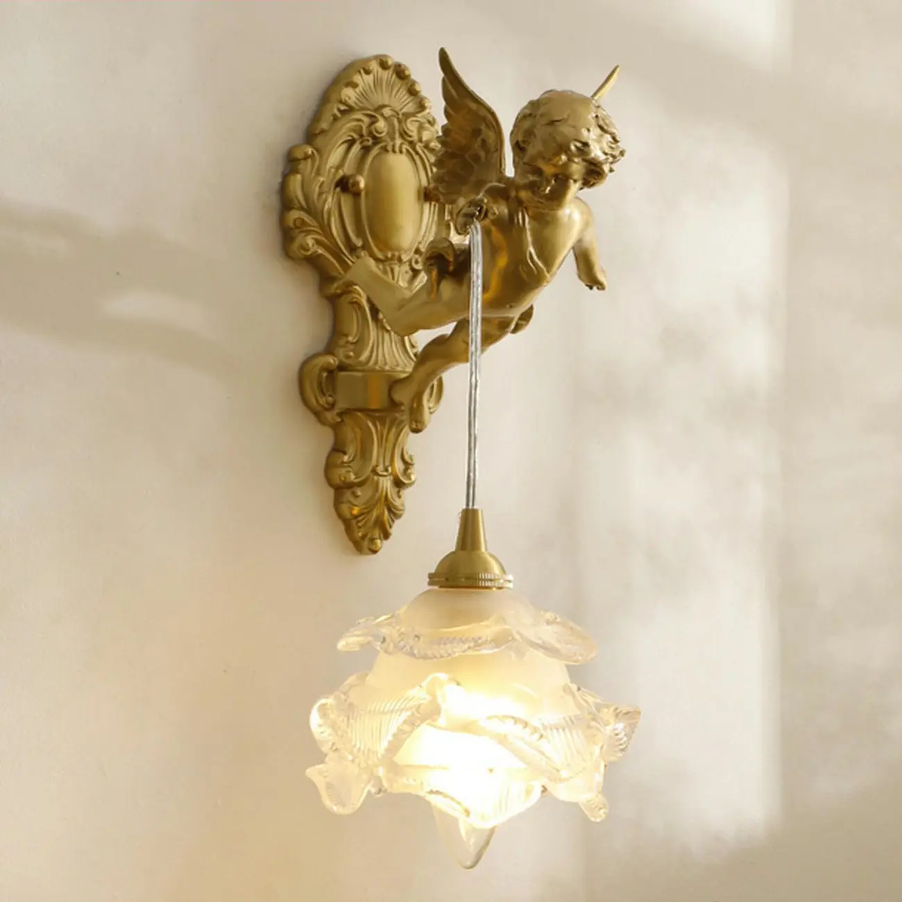 Artistic Vintage Gold Angel Wall Sconce with Crystal Shade | homeyfad