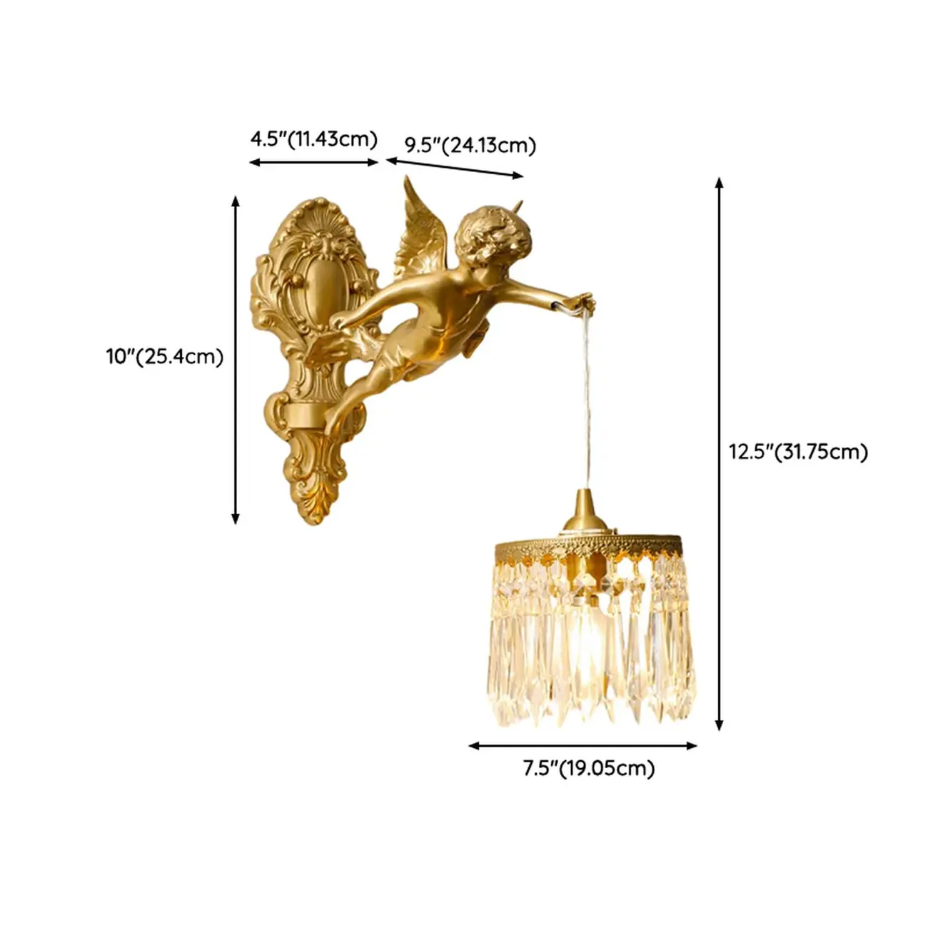 Artistic Vintage Gold Angel Wall Sconce with Crystal Shade | homeyfad