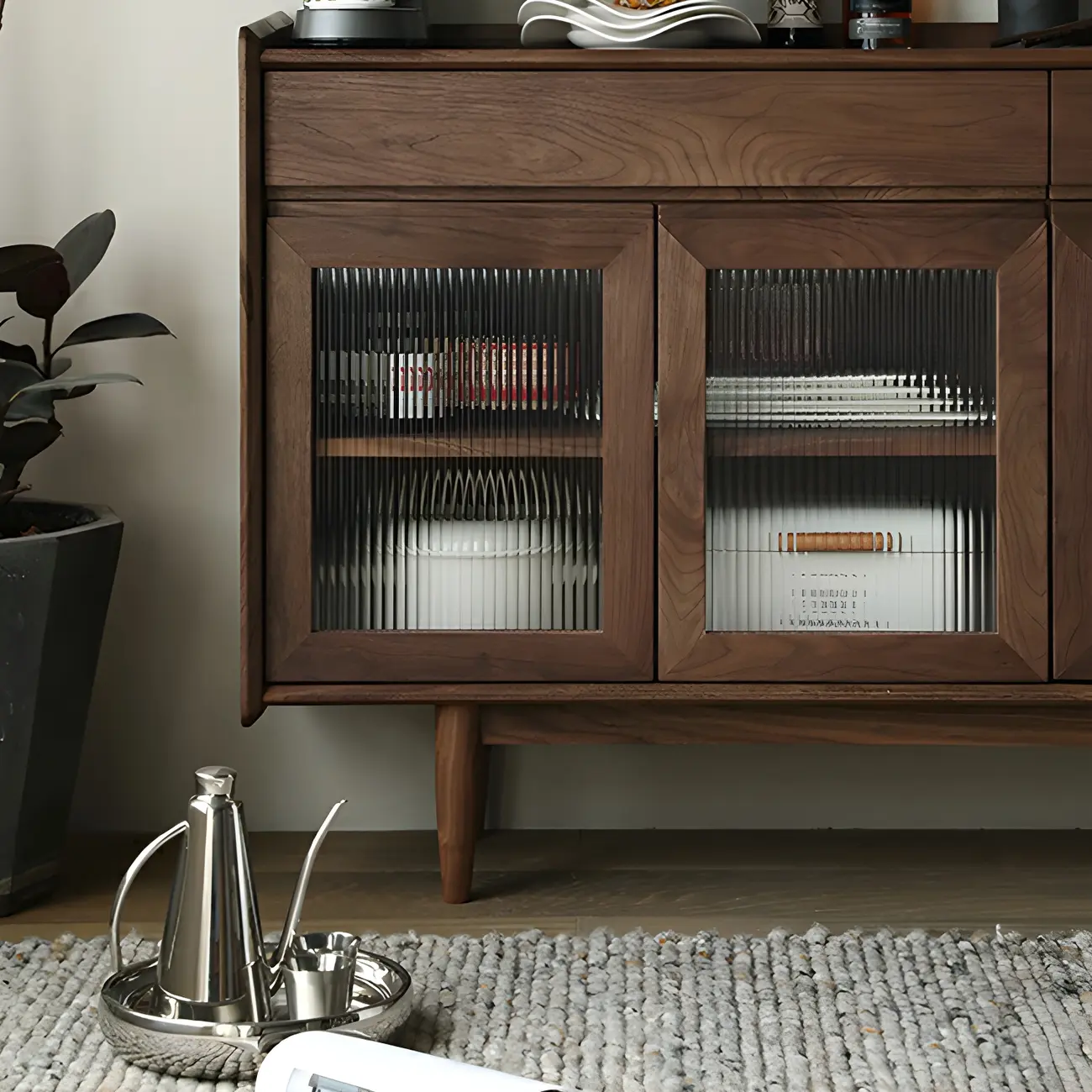 Modern Dark Brown Pine Wood Sideboard with Drawers Image - 5 | homeyfad