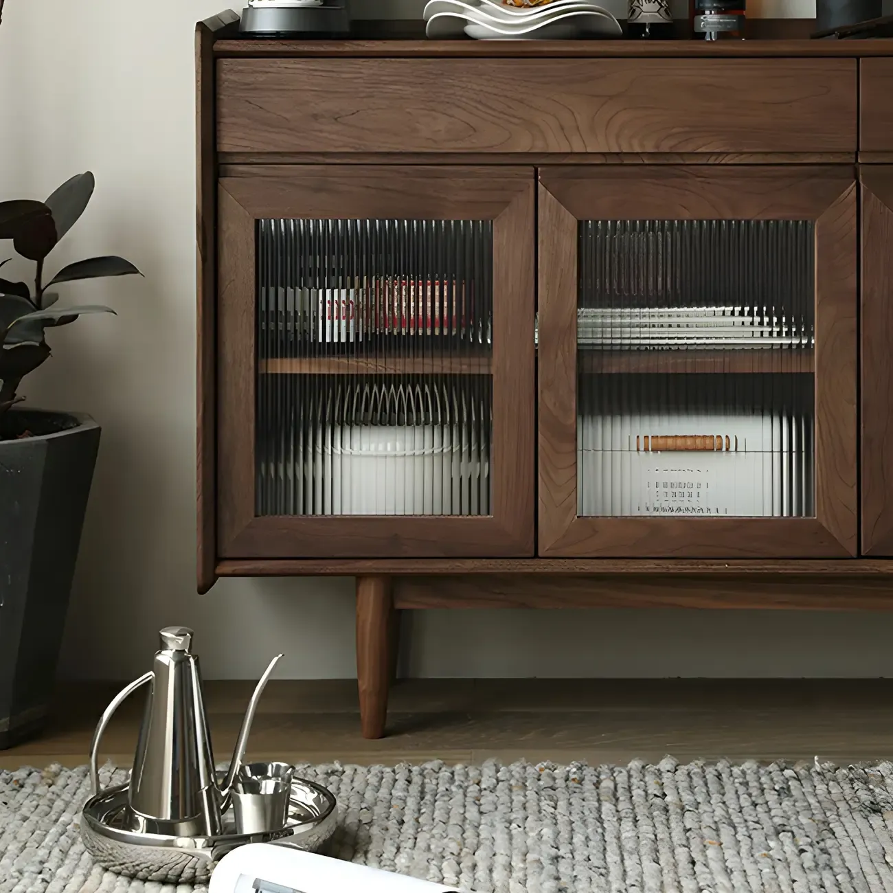 Modern Dark Brown Pine Wood Sideboard with Drawers Image - 5