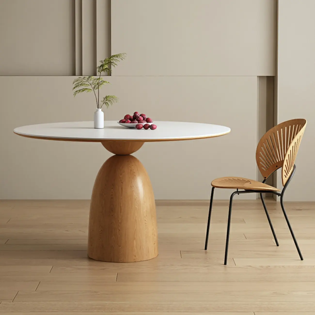Modern White Stone Natural Wood Round Dining Table Image - 1 | homeyfad
