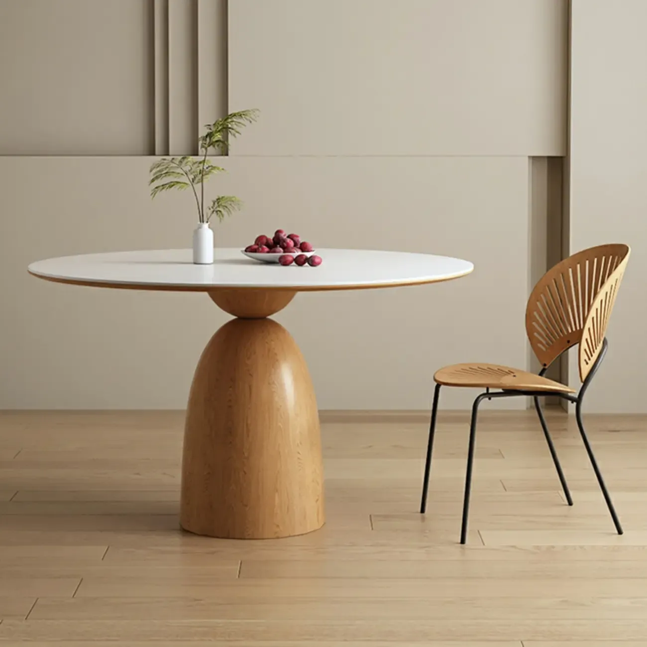 Modern White Stone Natural Wood Round Dining Table Image - 1