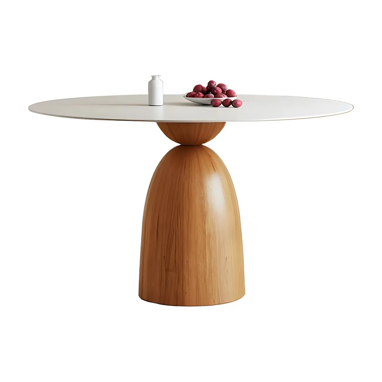 Modern White Stone Natural Wood Round Dining Table Image - 2
