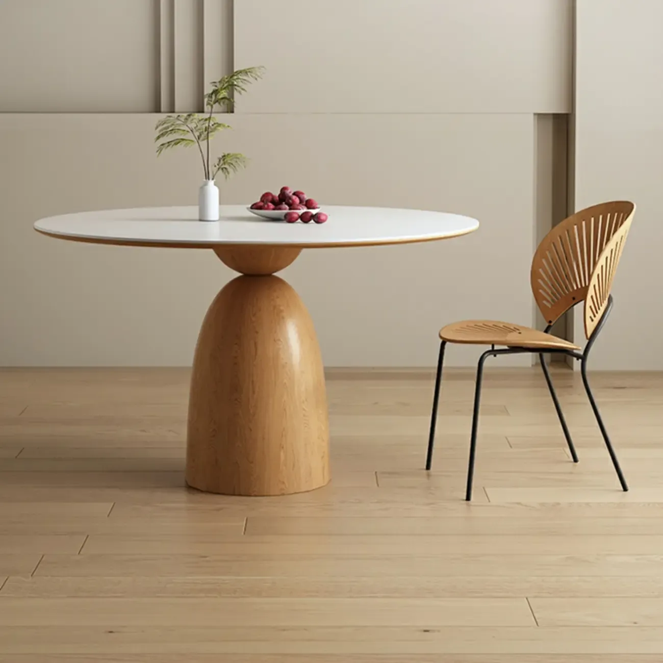 Modern White Stone Natural Wood Round Dining Table Image - 3
