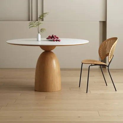 Modern White Stone Natural Wood Round Dining Table Image - 3