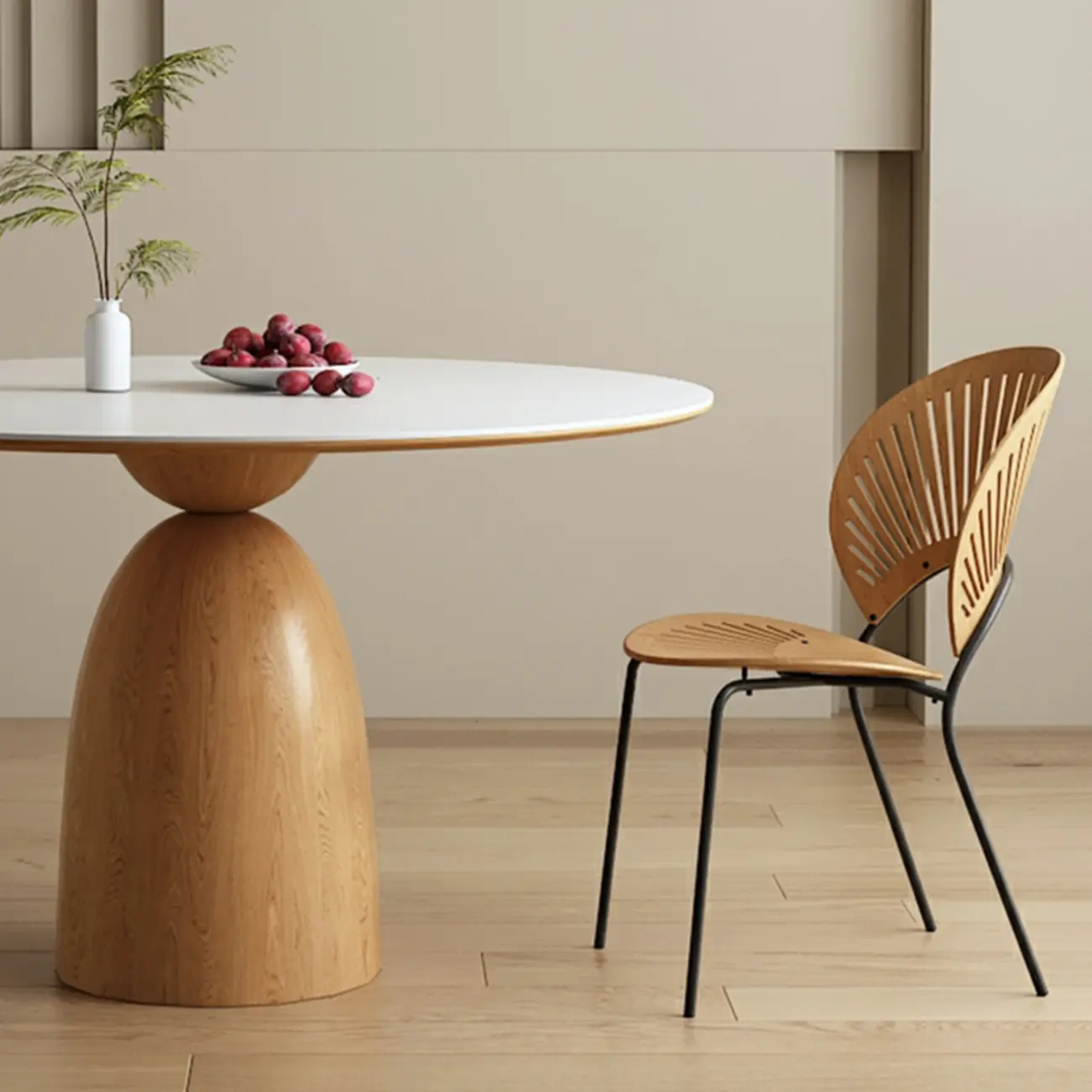 Modern White Stone Natural Wood Round Dining Table Image - 4 | homeyfad
