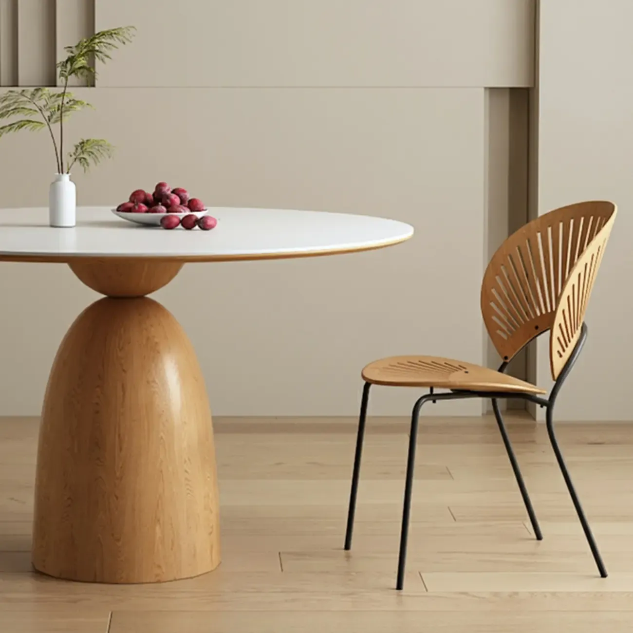 Modern White Stone Natural Wood Round Dining Table Image - 4