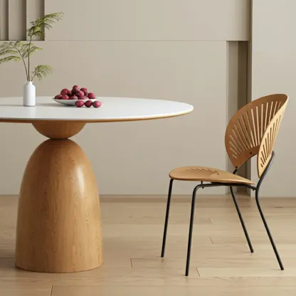 Modern White Stone Natural Wood Round Dining Table Image - 4