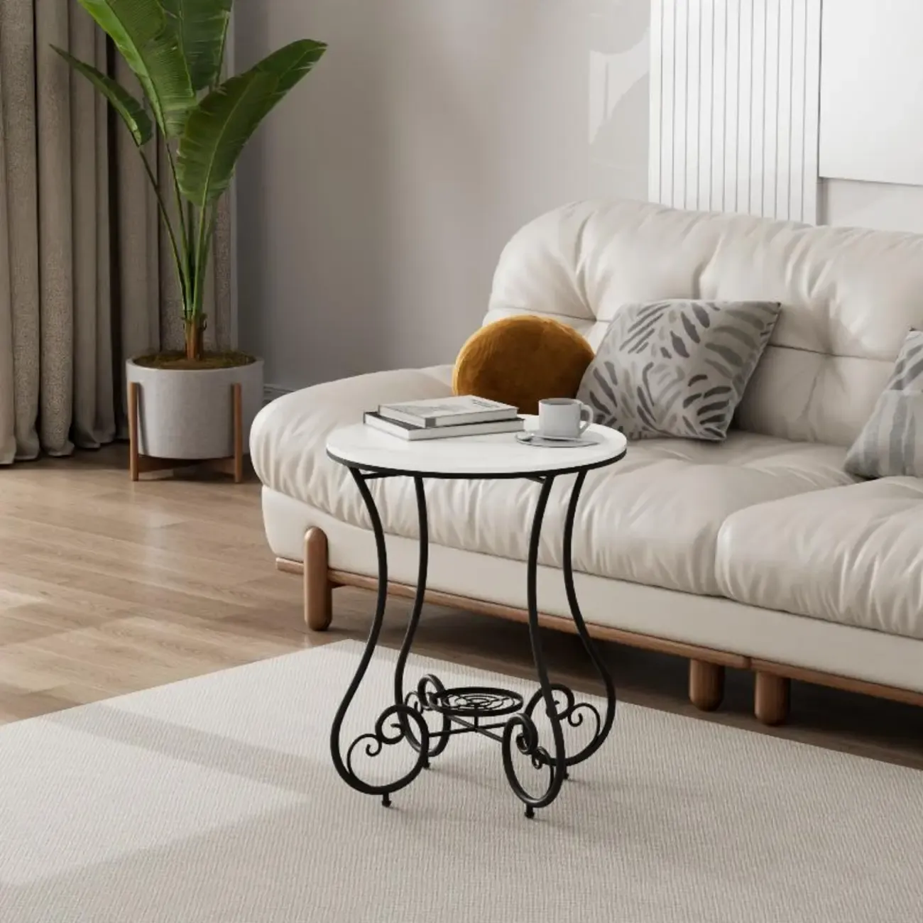 Modern Gloss Finish Steel Marble-Top Round Side Table Image - 11