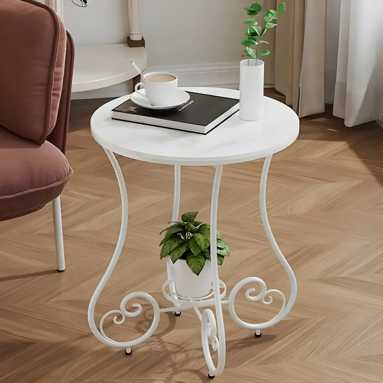 Modern Gloss Finish Steel Marble-Top Round Side Table Image - 2