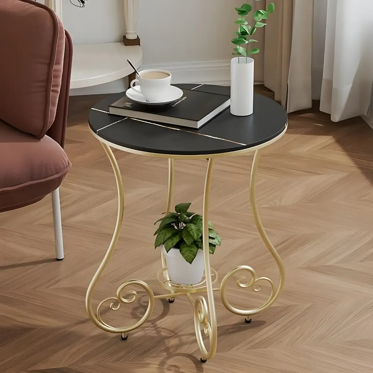 Modern Gloss Finish Steel Marble-Top Round Side Table Image - 3