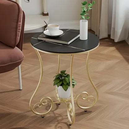 Modern Gloss Finish Steel Marble-Top Round Side Table Image - 3