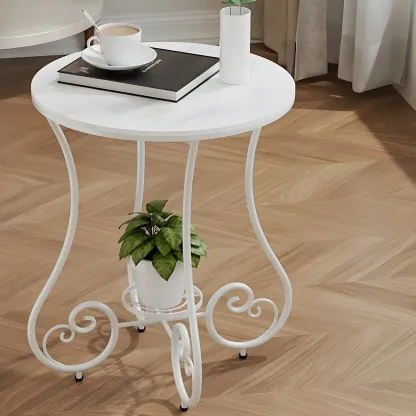 Modern Gloss Finish Steel Marble-Top Round Side Table Image - 6