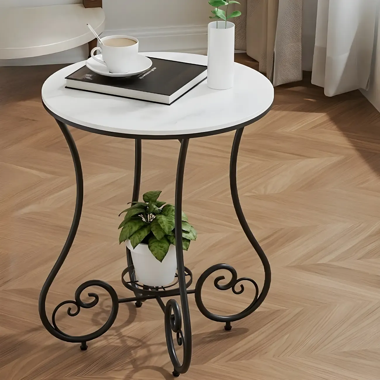 Modern Gloss Finish Steel Marble-Top Round Side Table Image - 7