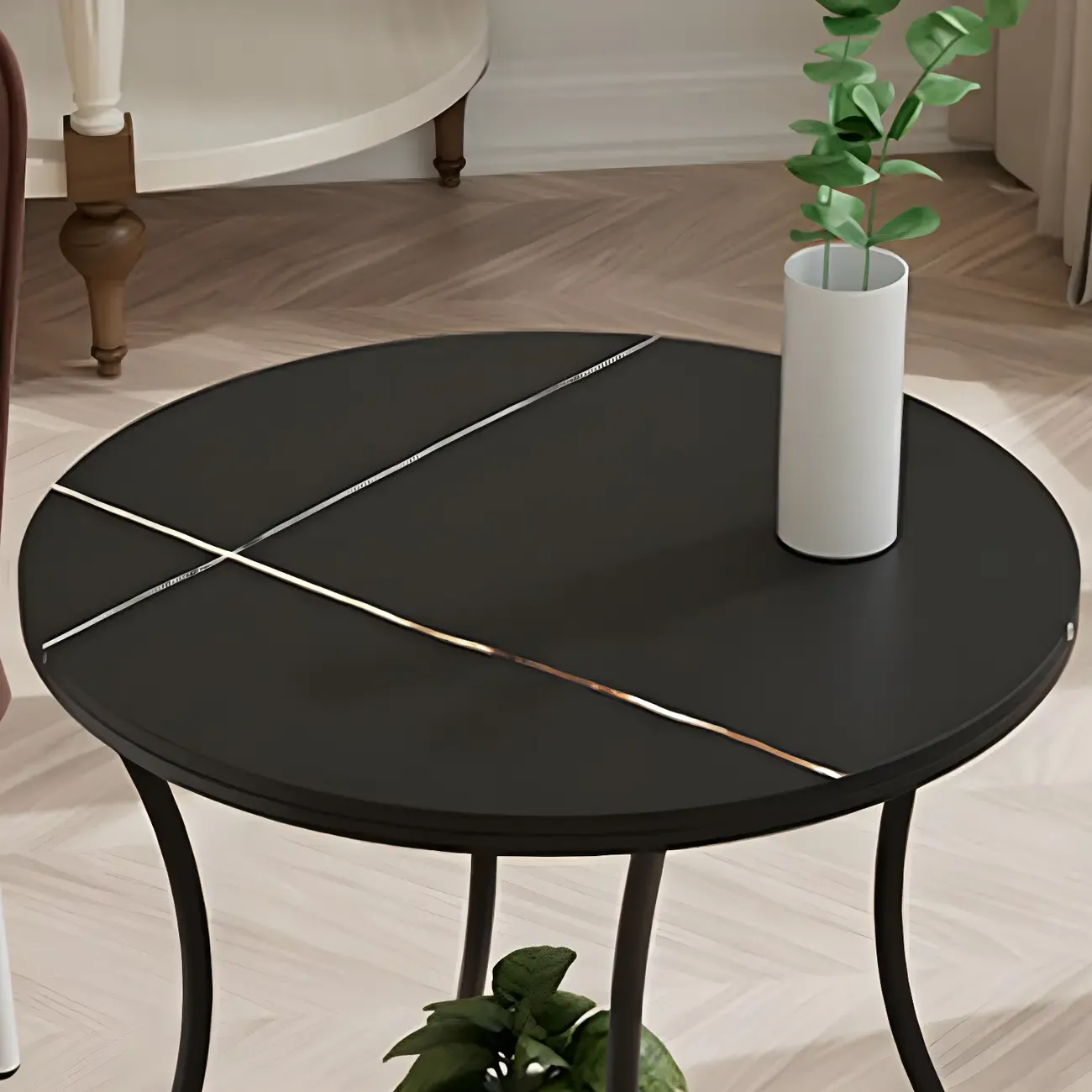 Modern Gloss Finish Steel Marble-Top Round Side Table Image - 16