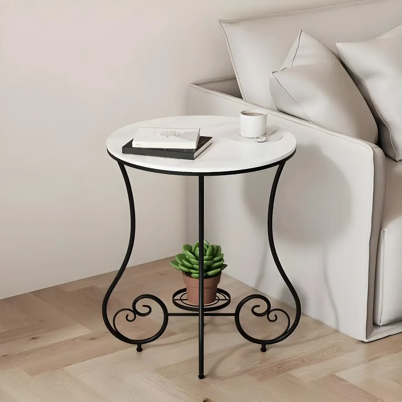 Modern Gloss Finish Steel Marble-Top Round Side Table Image - 12