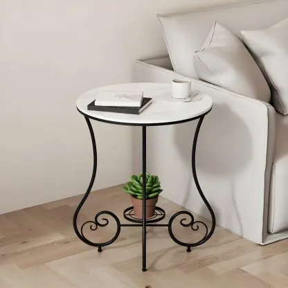 Modern Gloss Finish Steel Marble-Top Round Side Table Image - 12
