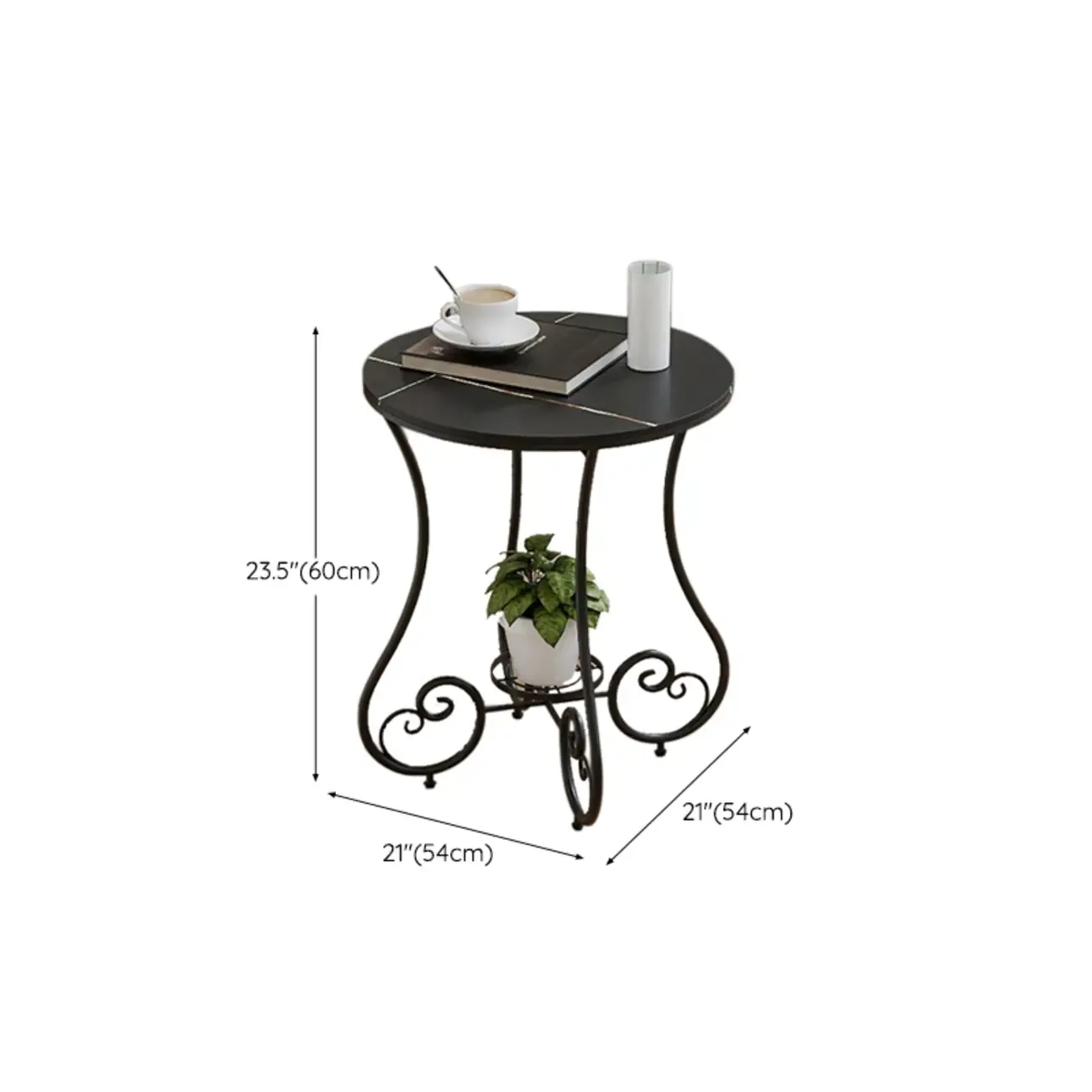 Modern Gloss Finish Steel Marble-Top Round Side Table #size