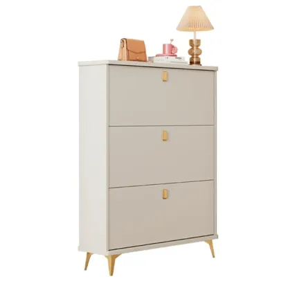 Modern White Wooden Shoe Cabinet 6 Flip Doors Image - 4