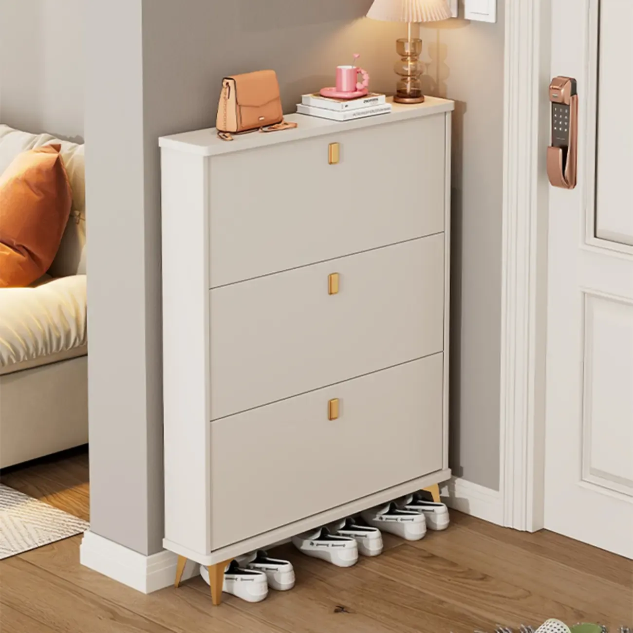 Modern White Wooden Shoe Cabinet 6 Flip Doors Image - 3