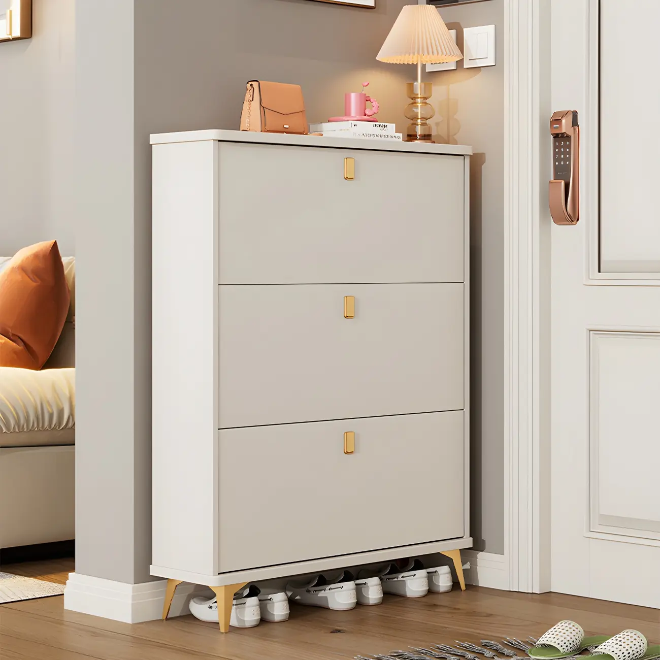 Modern White Wooden Shoe Cabinet 6 Flip Doors Image - 6 | homeyfad