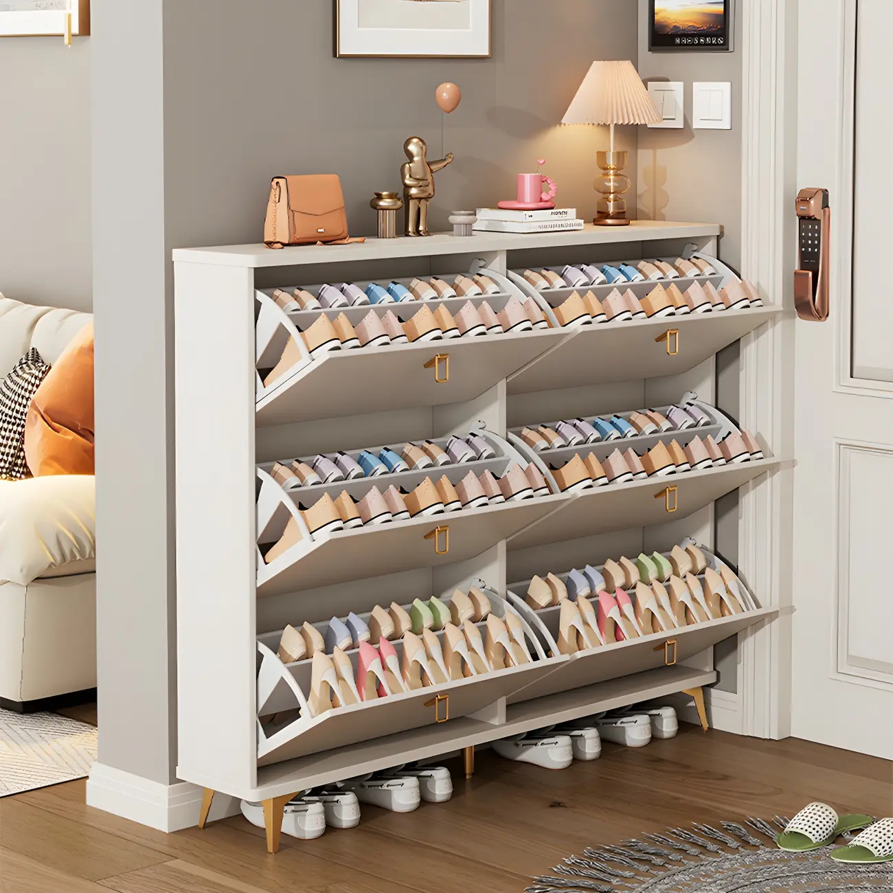 Modern White Wooden Shoe Cabinet 6 Flip Doors Image - 2 | homeyfad