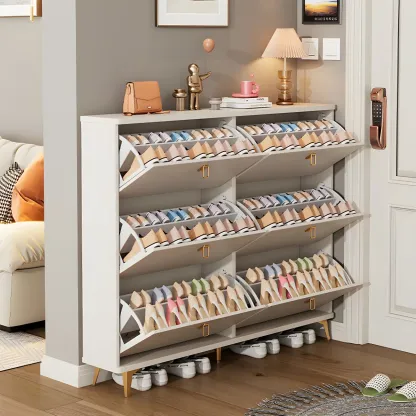 Modern White Wooden Shoe Cabinet 6 Flip Doors Image - 2