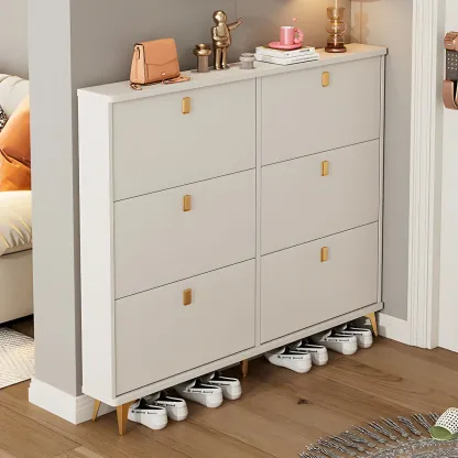 Modern White Wooden Shoe Cabinet 6 Flip Doors Image - 12