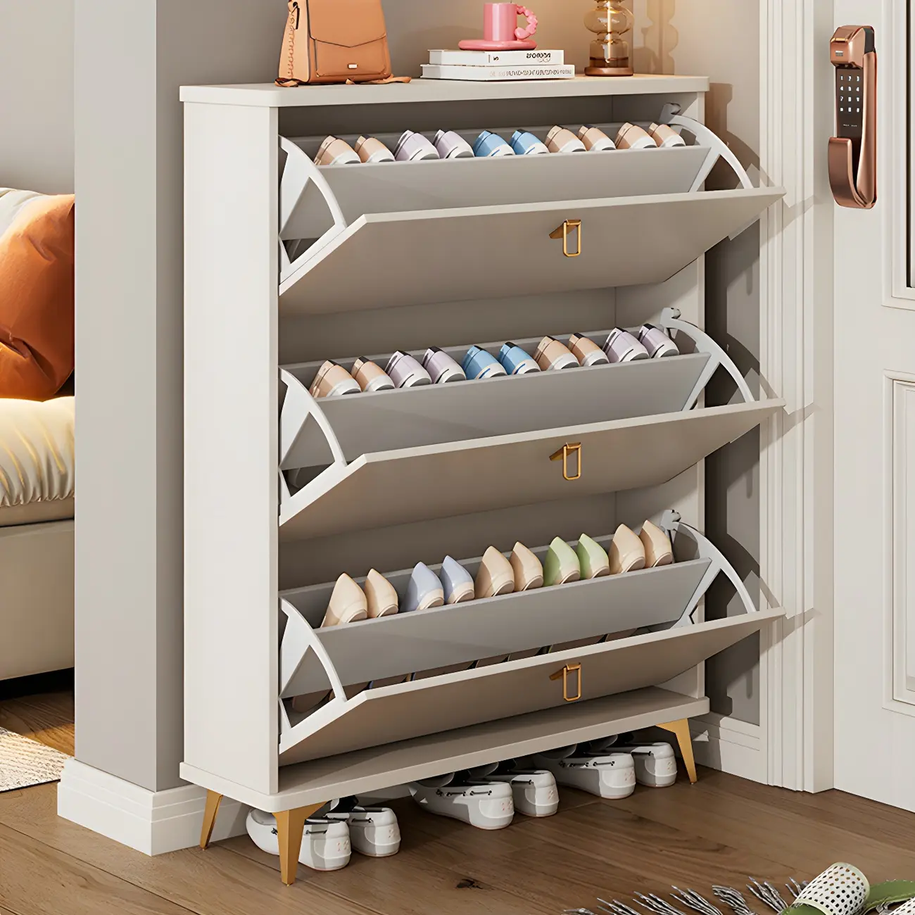 Modern White Wooden Shoe Cabinet 6 Flip Doors Image - 13 | homeyfad