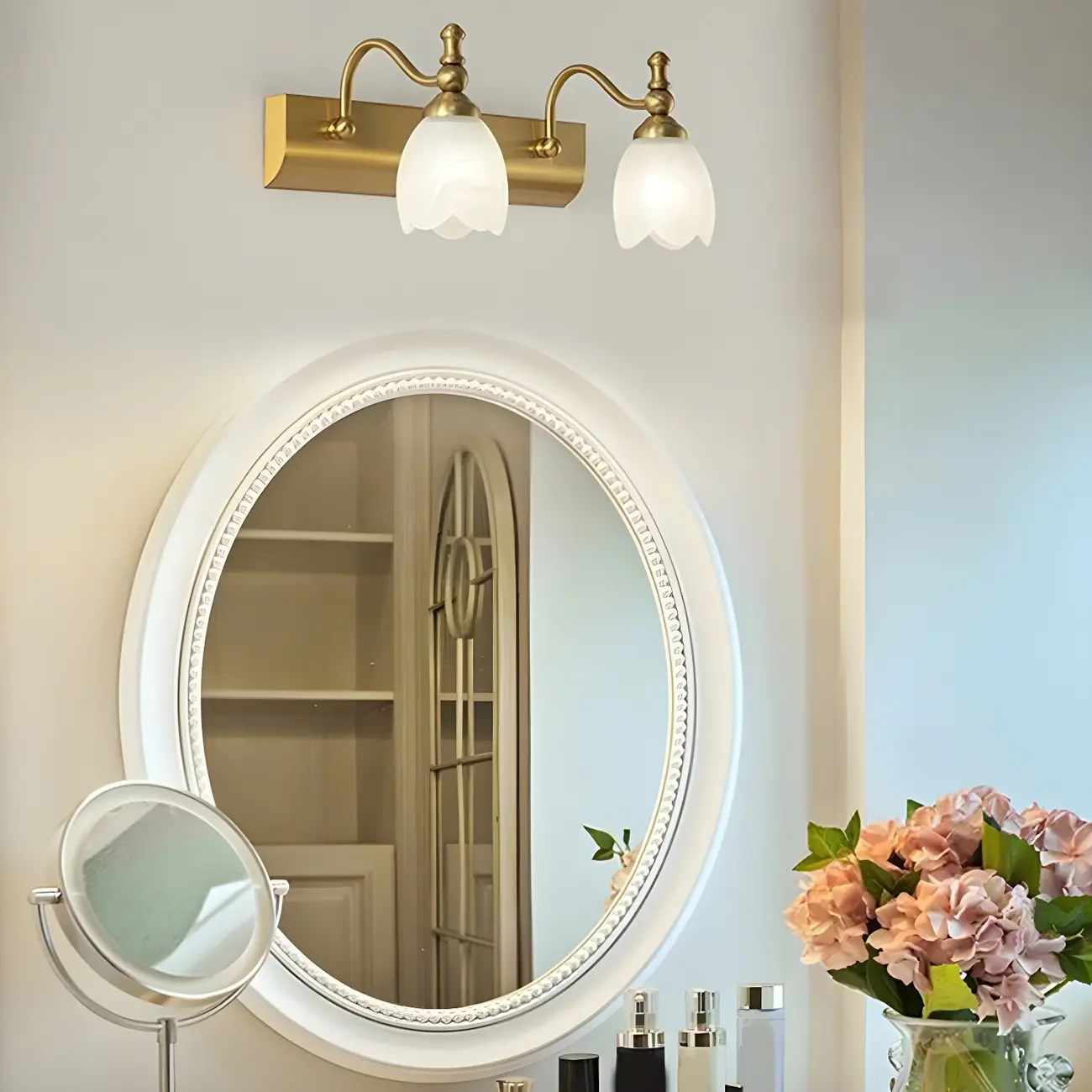 Elegant White Floral Shade Modern Gold Vanity Light for Bathroom | homeyfad