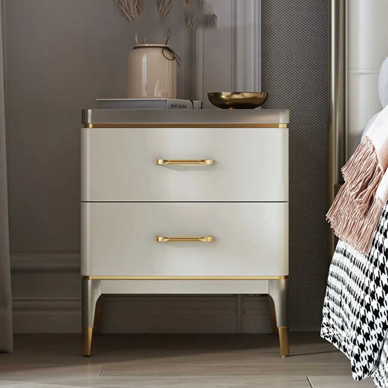 Glam Gold White Metallic Top 2-Drawer Nightstand Image - 1 | homeyfad