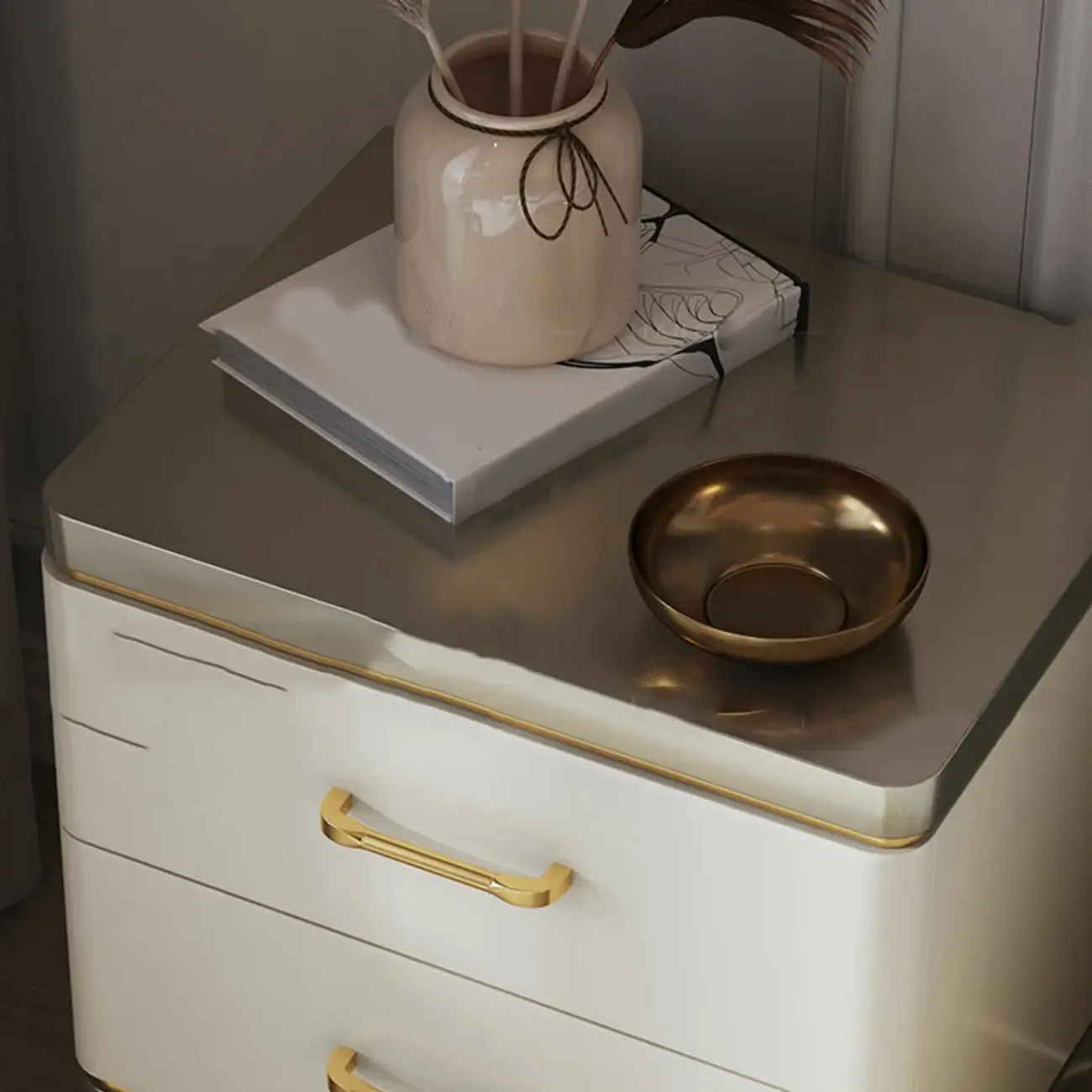 Glam Gold White Metallic Top 2-Drawer Nightstand Image - 5