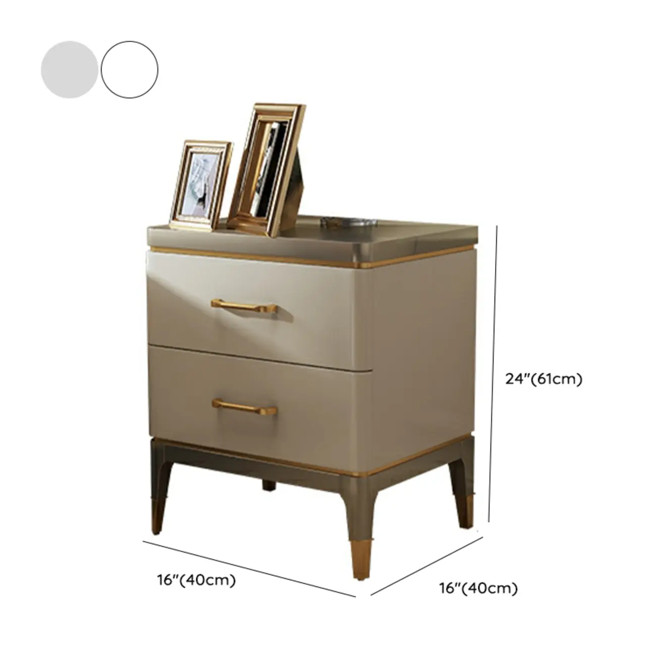 Glam Gold White Metallic Top 2-Drawer Nightstand #size