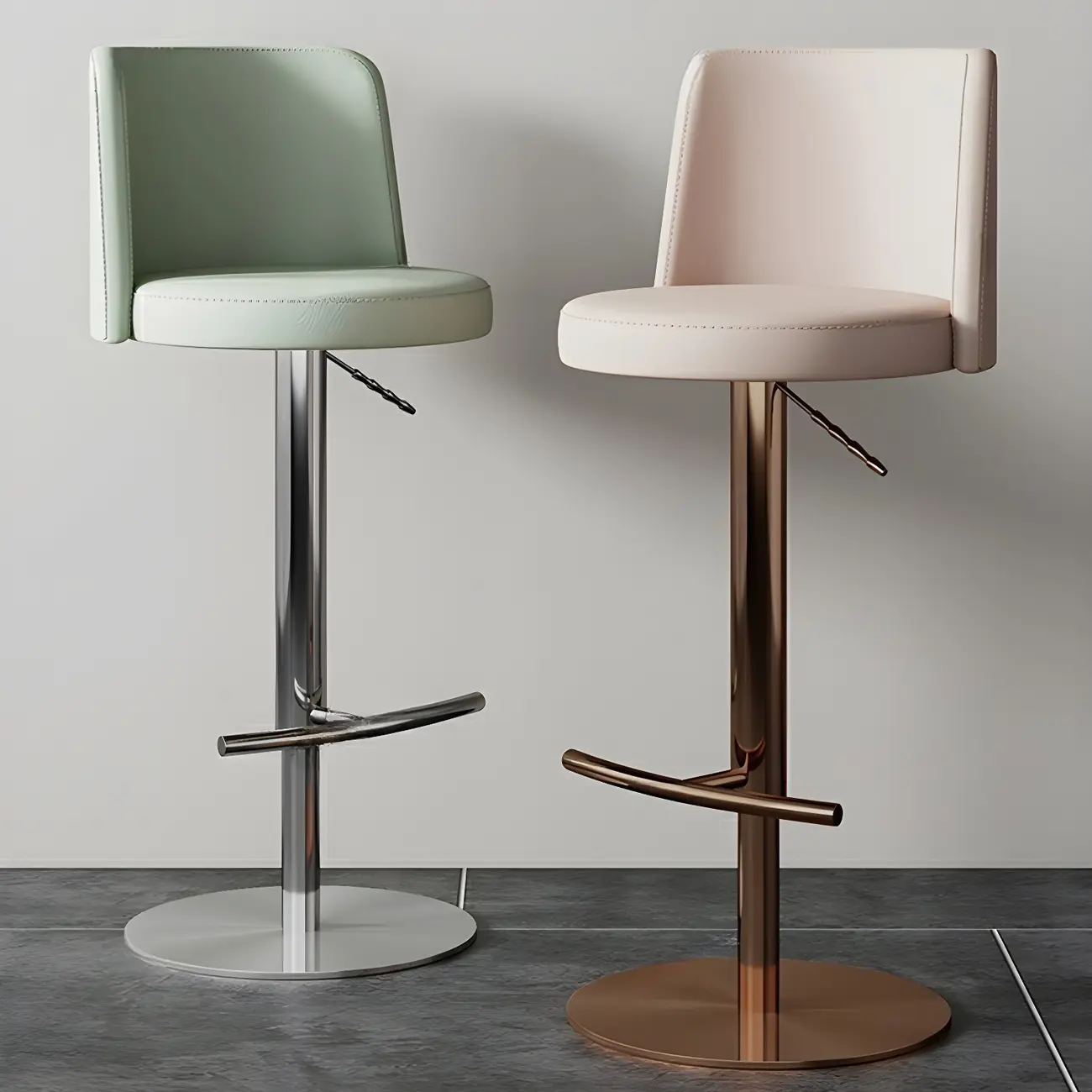 Green Genuine Leather Adjustable Bucket Swivel Bar Stools HomeyFad