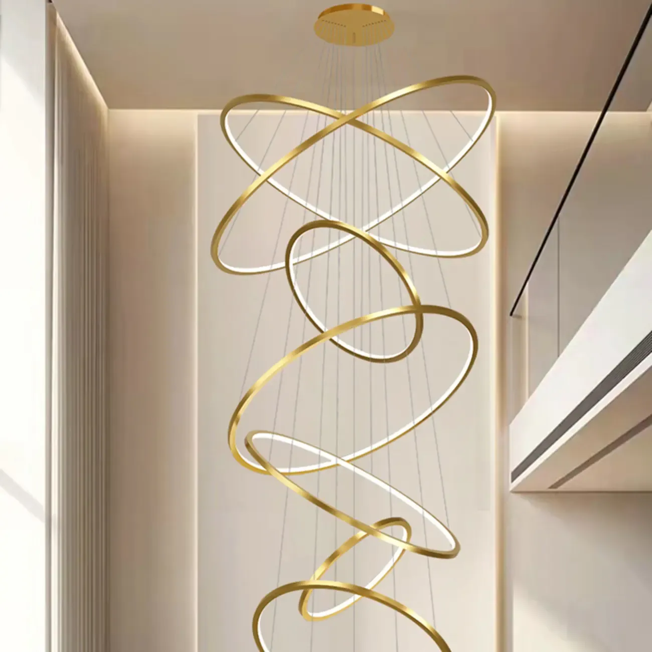 Modern Gold Ring Stairwell Chandelier Warm Light LED Image - 2
