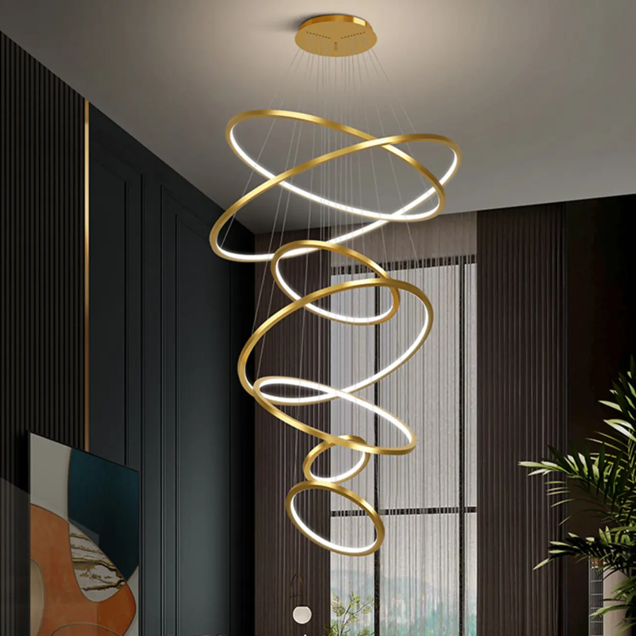 Modern Gold Ring Stairwell Chandelier Warm Light LED Image - 4 | homeyfad