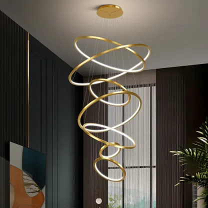 Modern Gold Ring Stairwell Chandelier Warm Light LED Image - 4