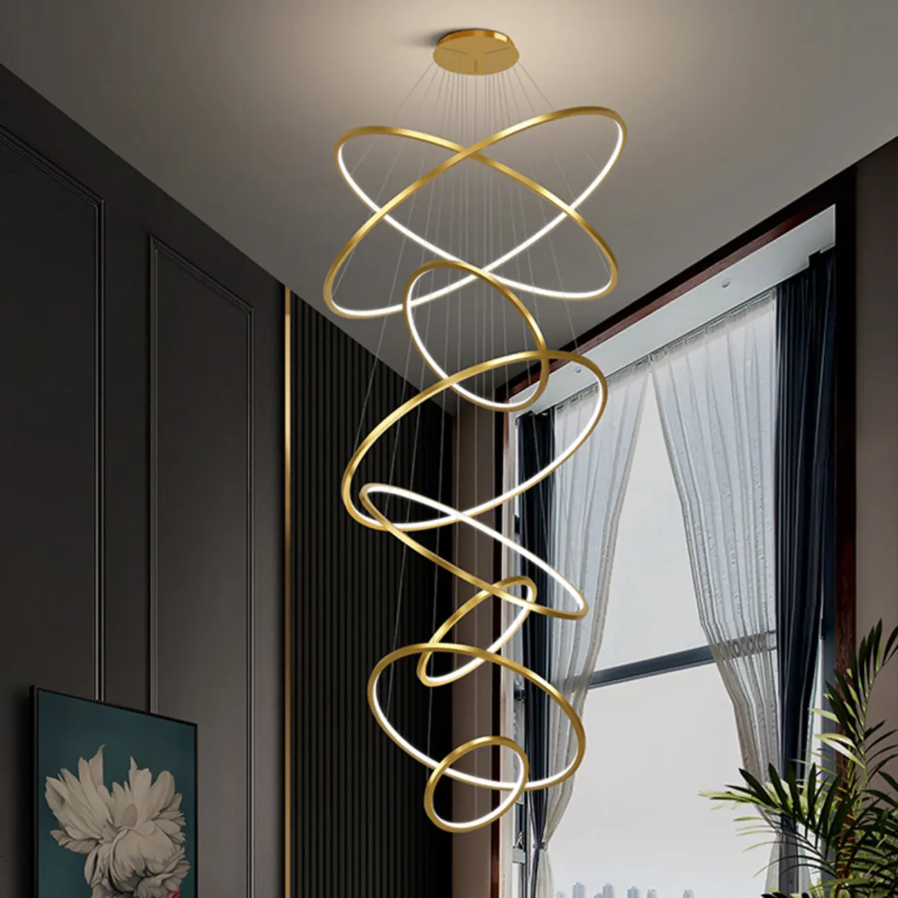 Modern Gold Ring Stairwell Chandelier Warm Light LED Image - 1 | homeyfad