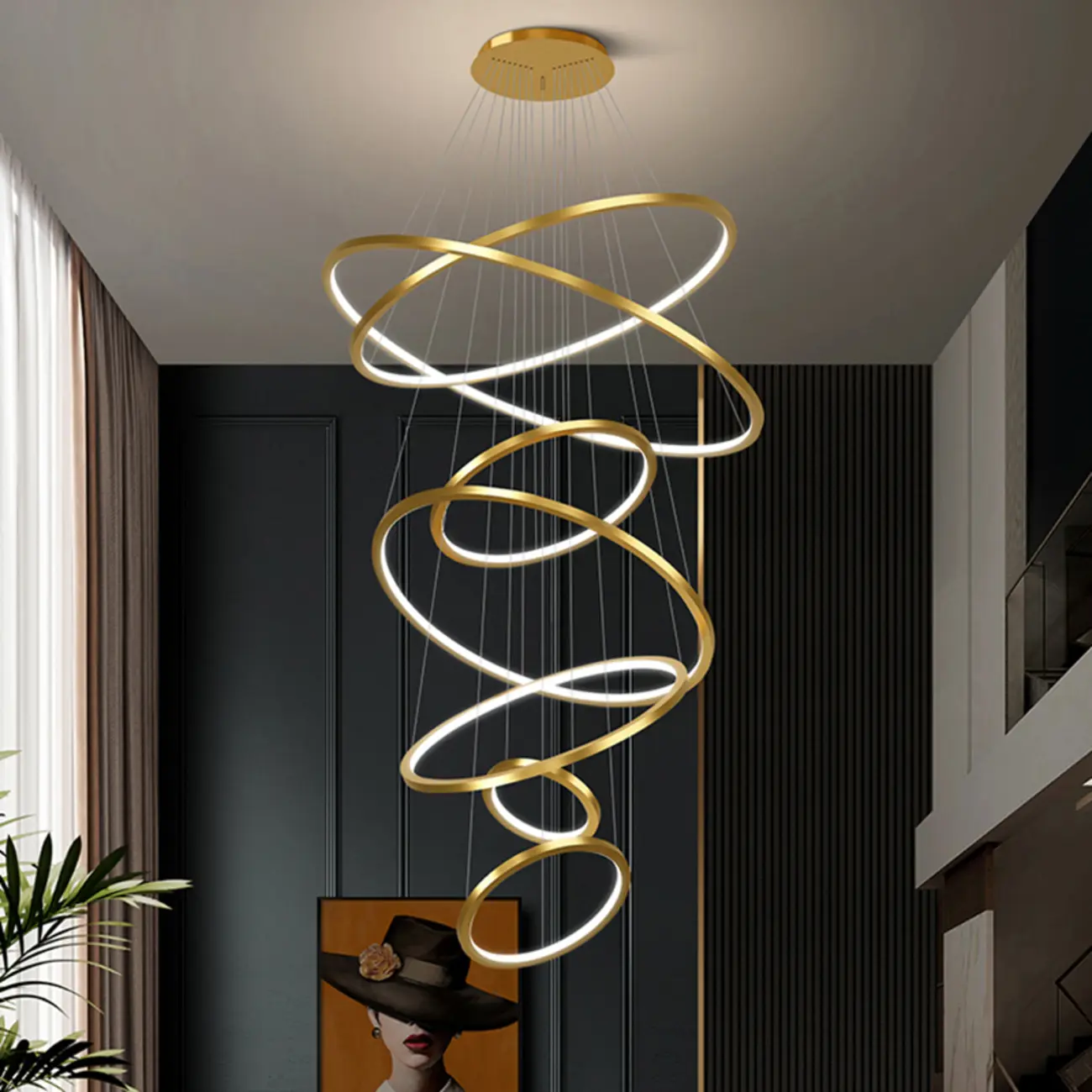 Modern Gold Ring Stairwell Chandelier Warm Light LED Image - 3 | homeyfad