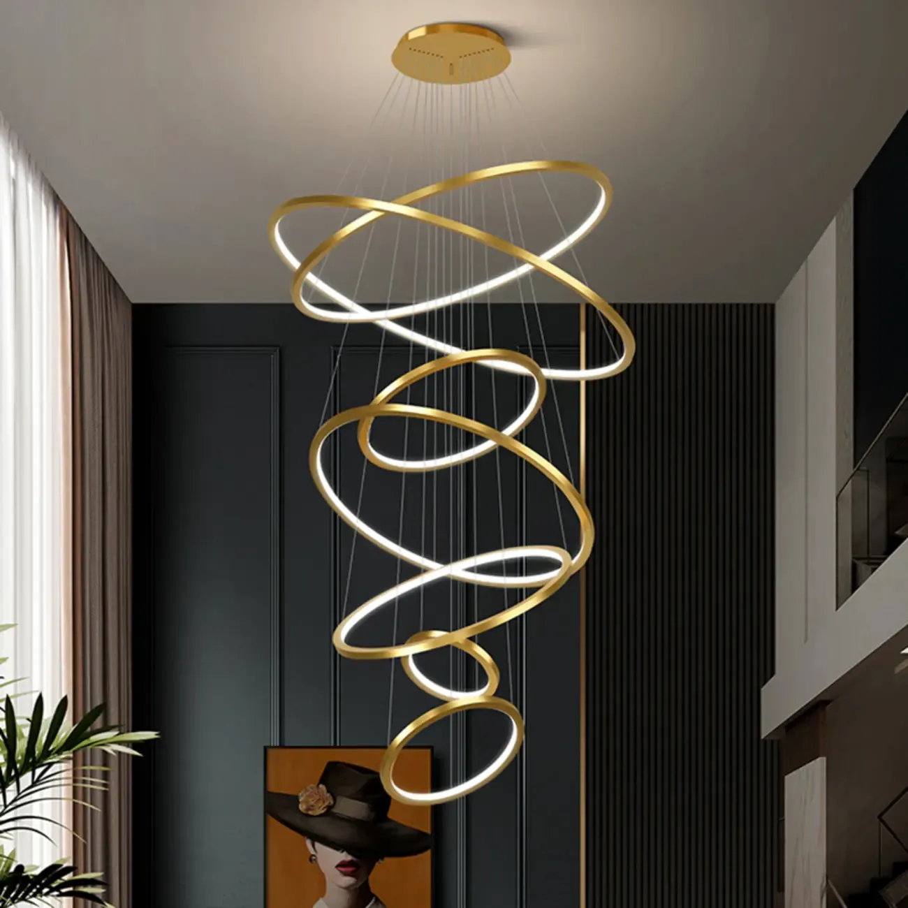 Modern Gold Ring Stairwell Chandelier Warm Light LED Image - 3