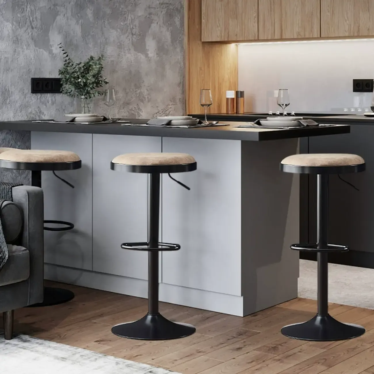 Retro Metal Swivel Bar Stools with Cushions for Home Image - 13