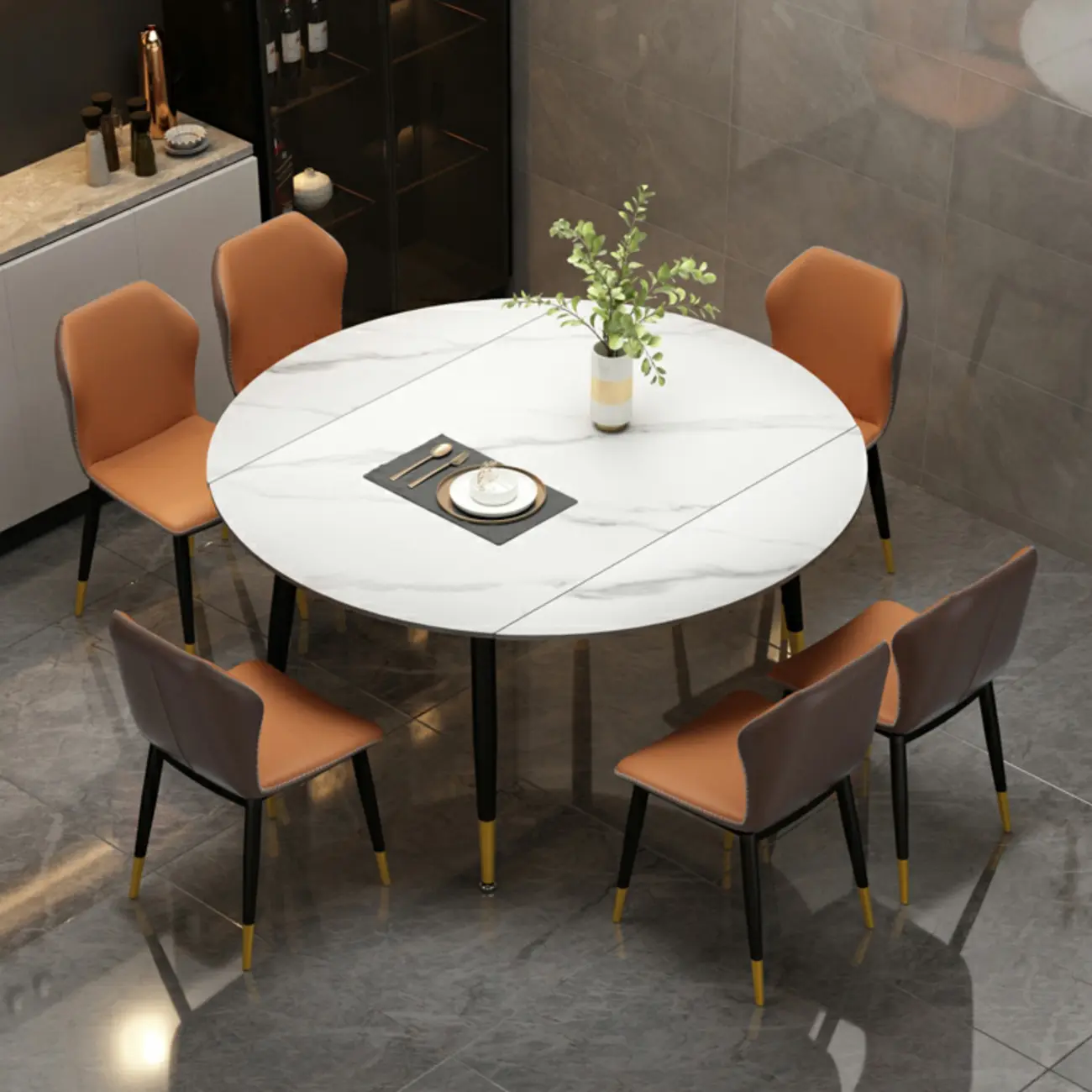 Sleek Grey Marble Round Extendable Dining Table Image - 1 | homeyfad