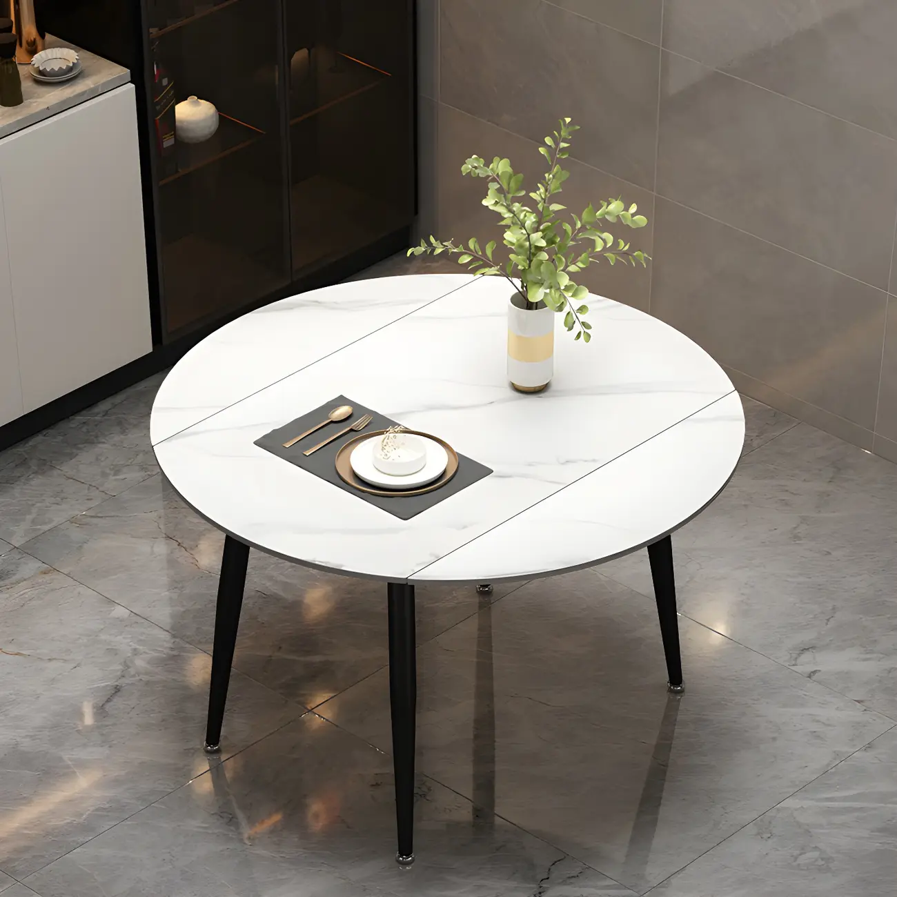 Sleek Grey Marble Round Extendable Dining Table Image - 2 | homeyfad