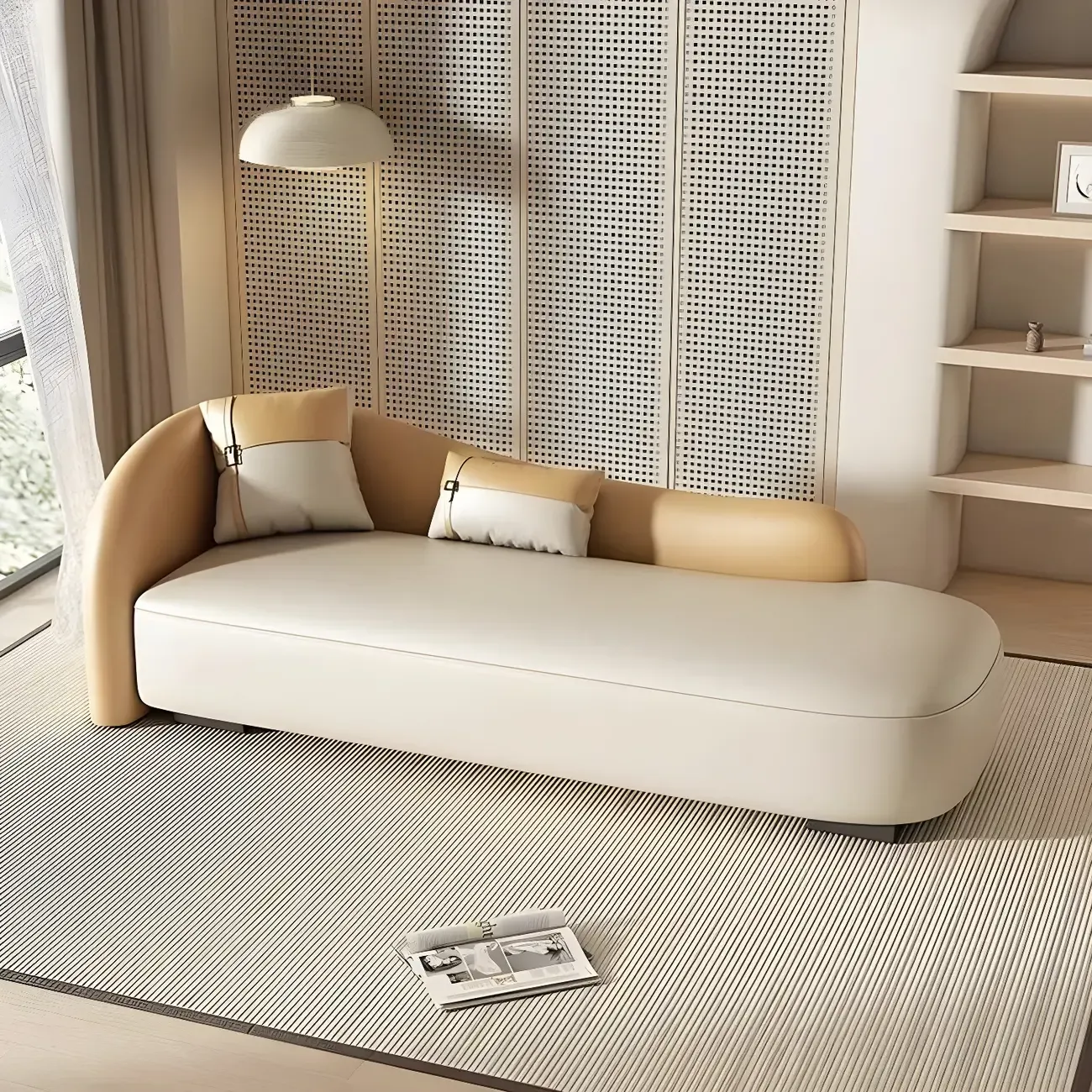 Classic Faux Leather Chaise Lounge with Pillows for Living Room Image - 1