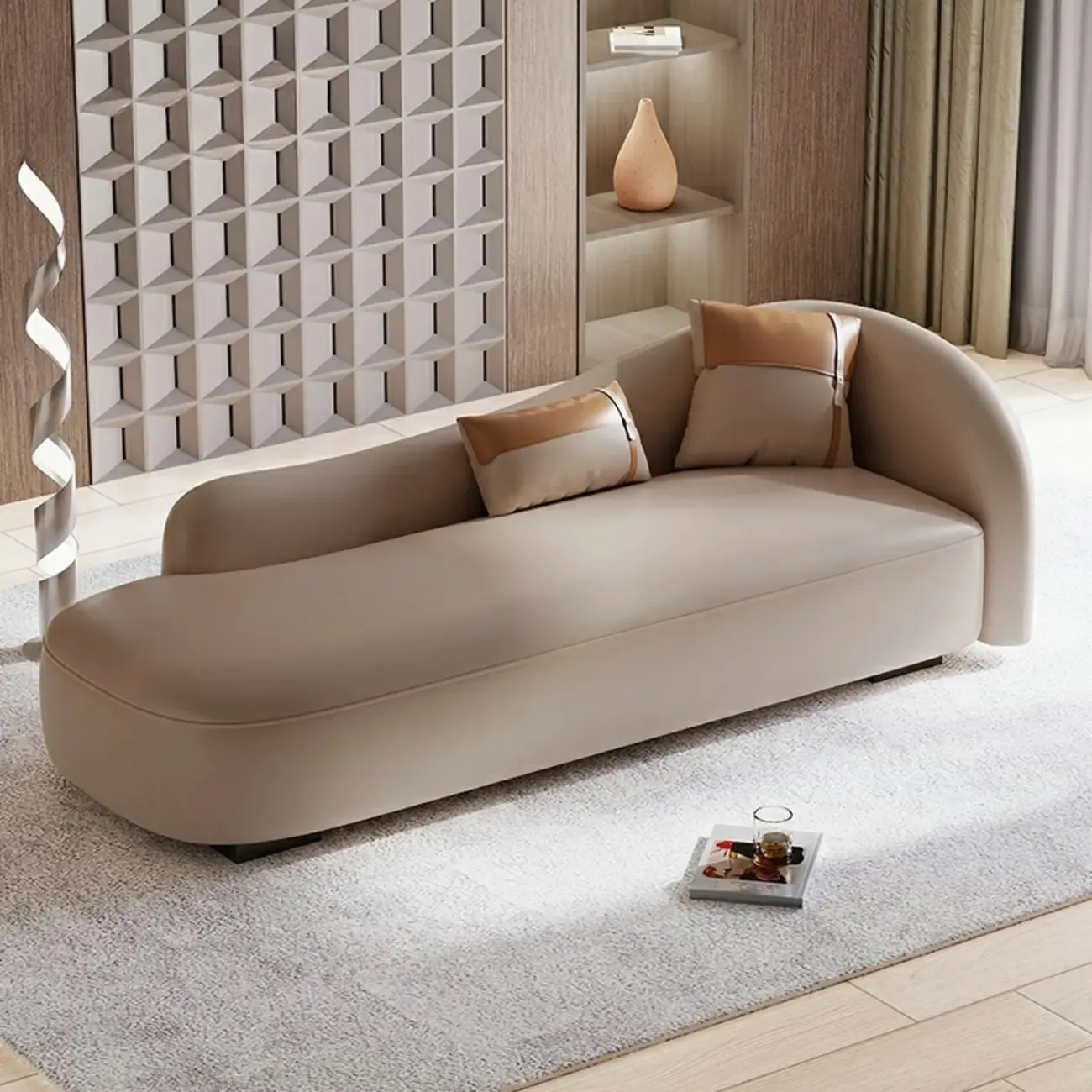 Classic Faux Leather Chaise Lounge with Pillows for Living Room Image - 3