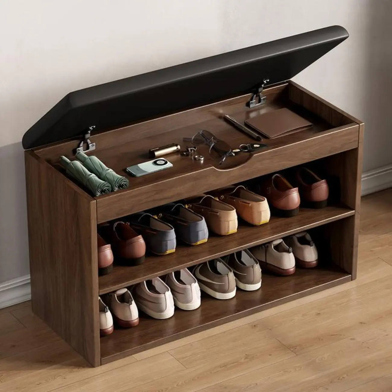Solid Wood Shoe Storage Bench with Cushion Top & Open Shelf Image - 1 | homeyfad